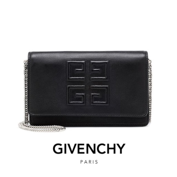 GIVENCHY Logo Embossed Leather Chain Wallet Shoulder Bag Black - Picture 1 of 7